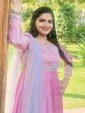 Silky Pink Floral Patch Anarkali Dress