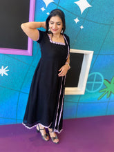 Black A line dress with lavender lace borders