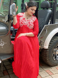 Chilly red fully pleated Alia cut gown with applique work