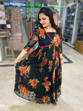 Black floral brasso print pleated dress