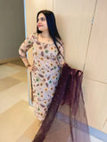 Beige organza floral hand highlighted suit combo