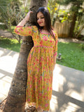 Floral print pleated tissue dress in mustard yellow