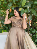 Heavily embellished Turkish gown in hues of antique gold n tan brown