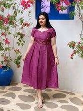 Grape vine soft silk box pleated frock with floral handwork n cute lil sleeves