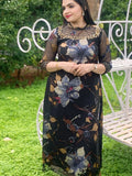 Black brasso print A line kurthi with jewel neck