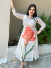Off white chanderi cotton dress with big Orange Lily print