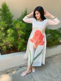 Off white chanderi cotton dress with big Orange Lily print