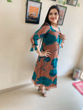 Mud Brown Big floral print dress in Mul cotton