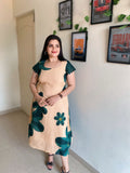 Beige frock with Big green floral print