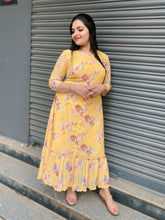 Pure Georgette Printed floral Yellow dress with Lower pleats