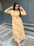 Pure Georgette Printed floral Yellow dress with Lower pleats