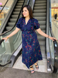 Floral print blue denim dress