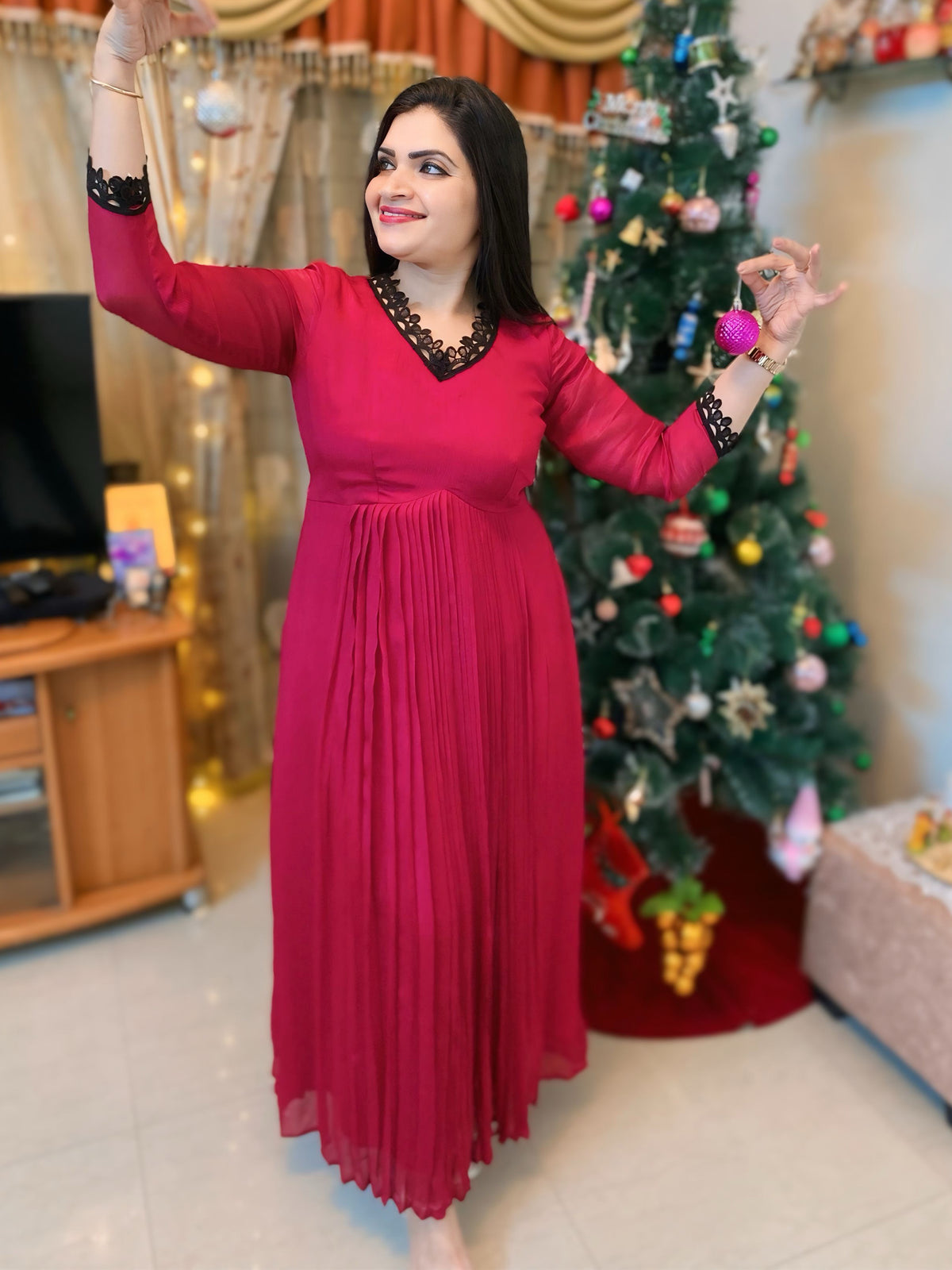 Scarlet Lace Pleated Dress