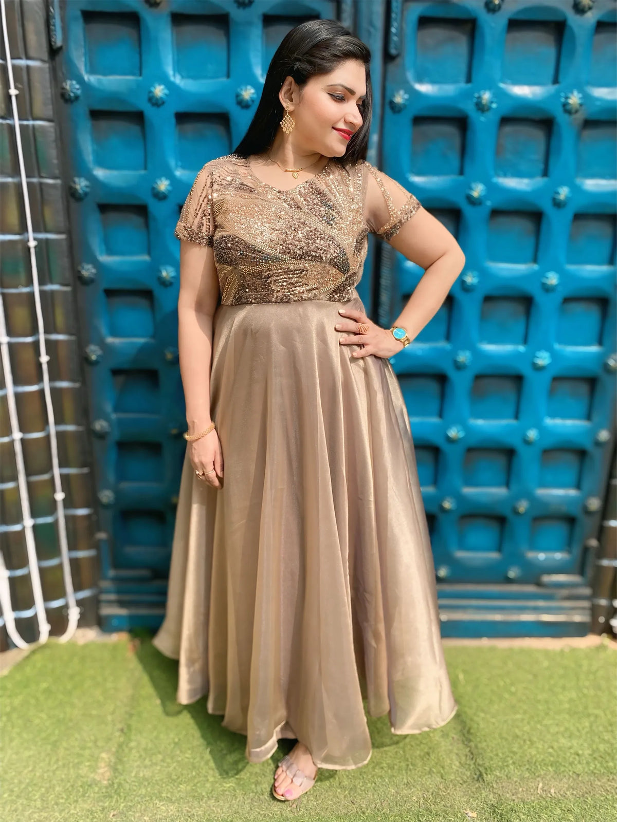 Heavily embellished Turkish gown in hues of antique gold n tan brown