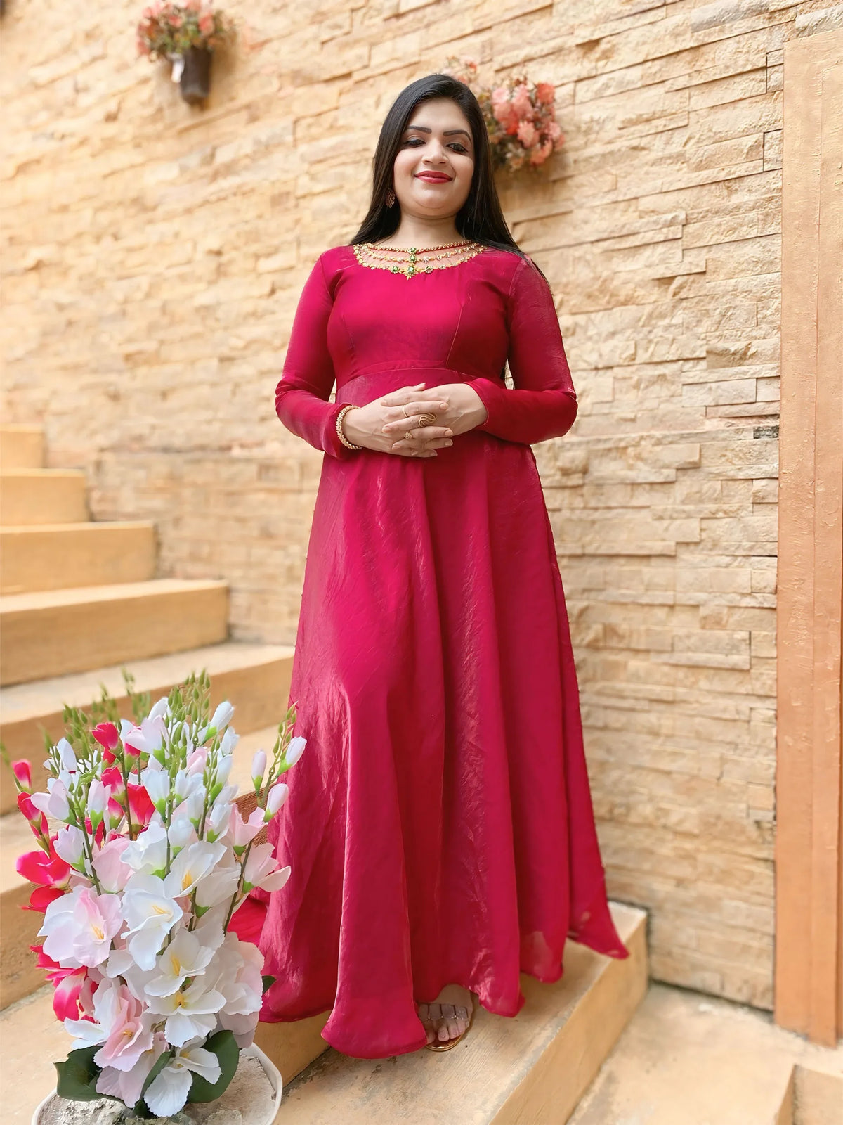 Ruby red jewel neck gown in velvet organza