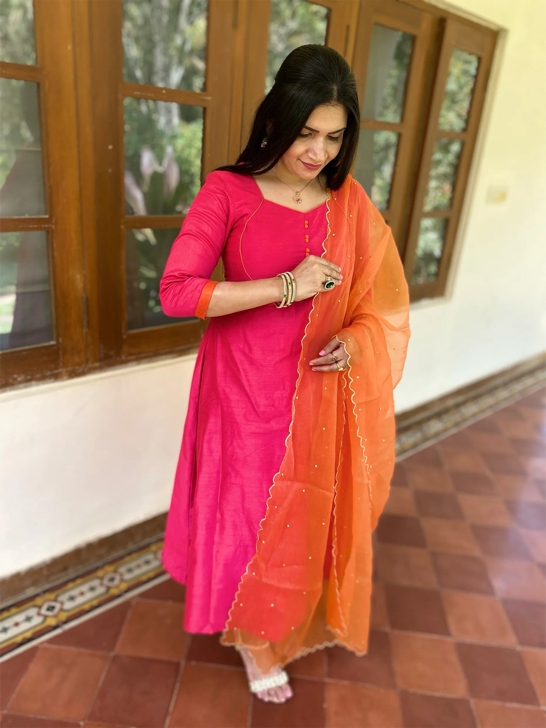 Pink n orange silk kurti with dupatta