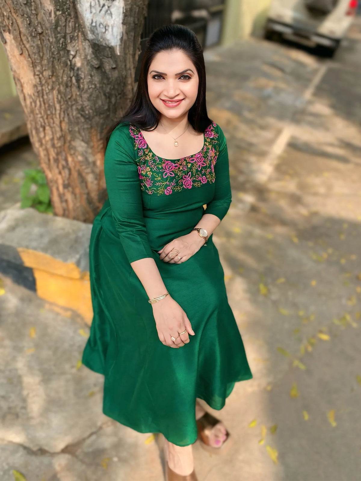 Emerald Green Soft Silk Kurthi with Pink Beaded Handwork