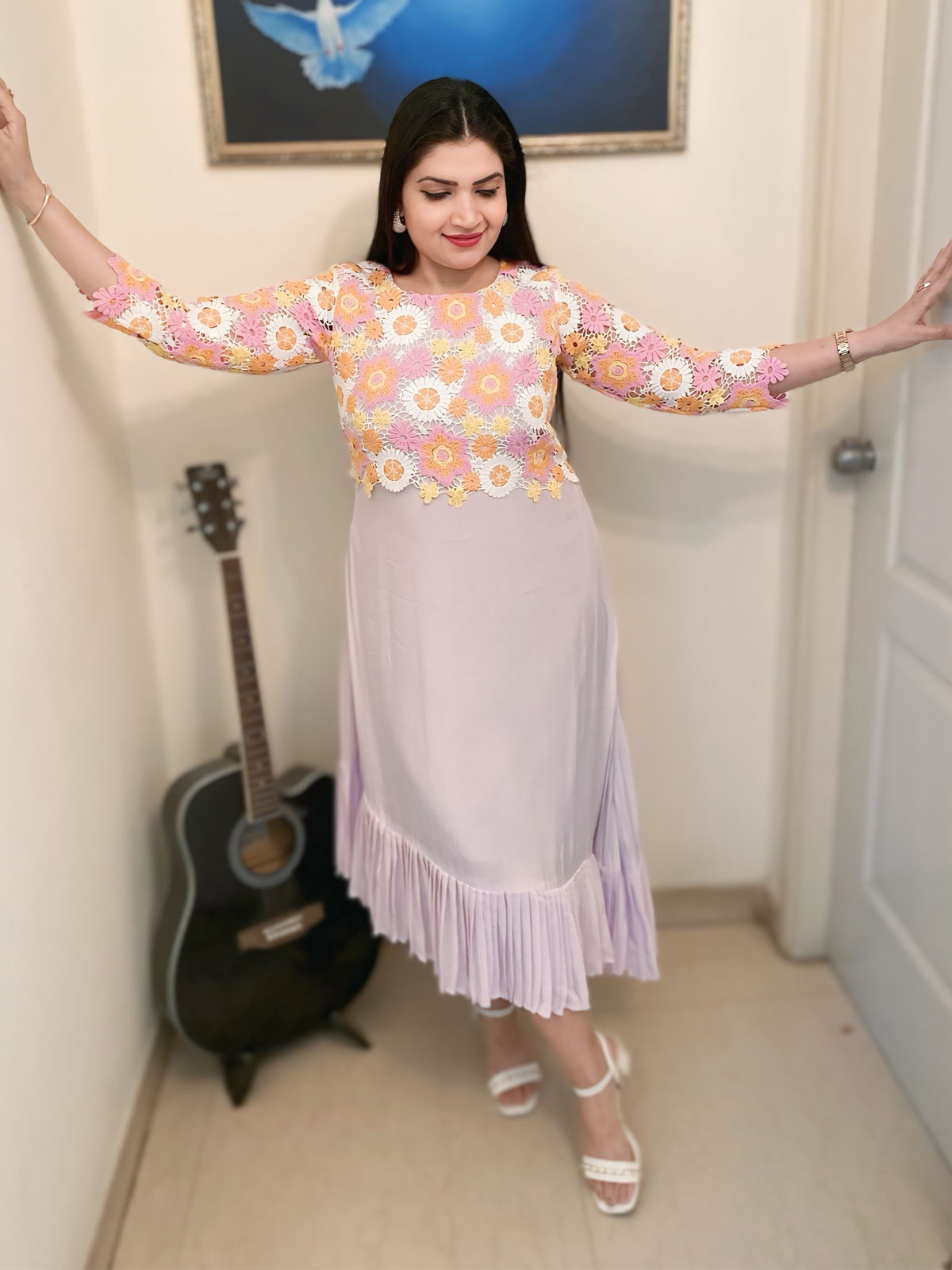 Amara Crochet Yoke Pleated Dress