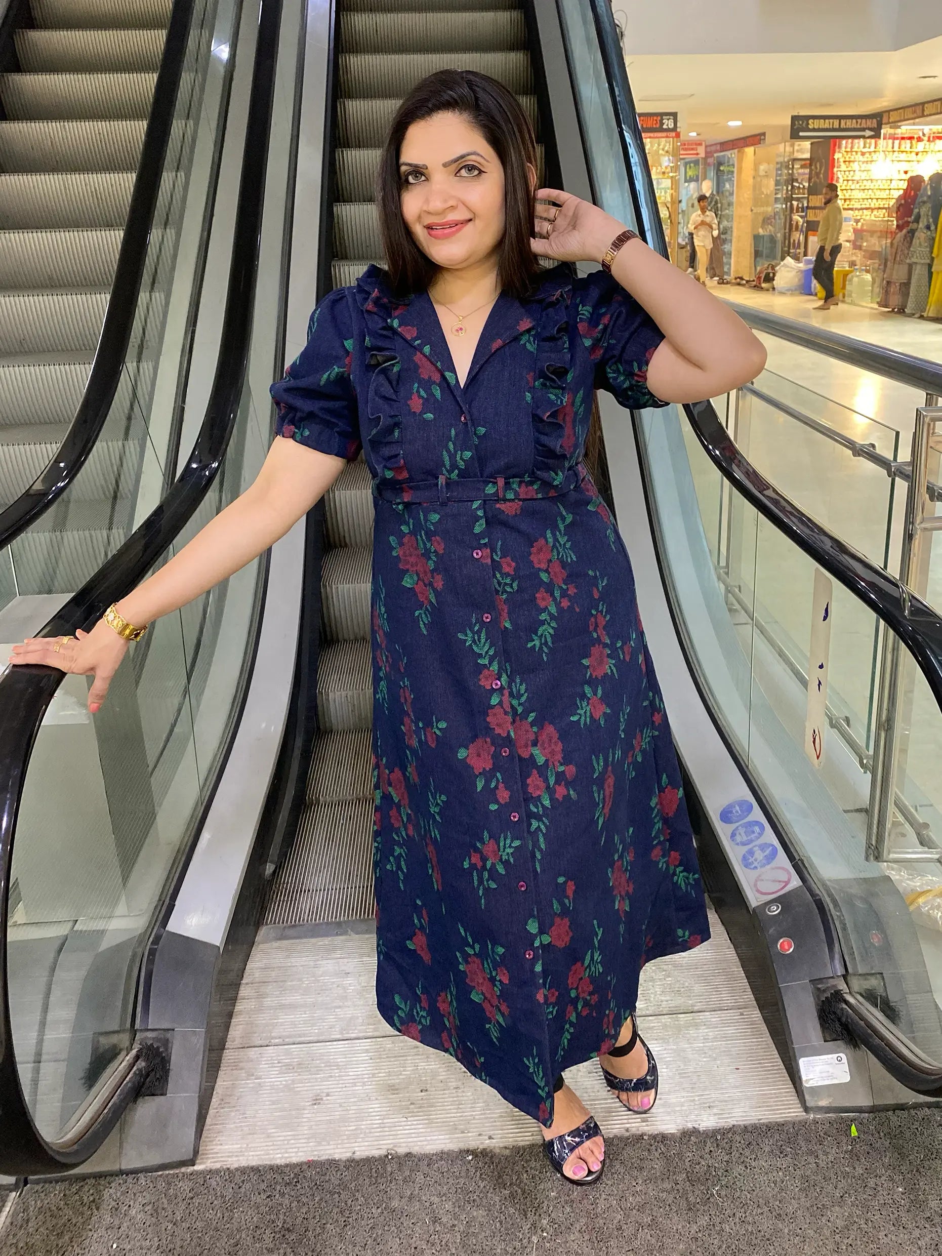 Floral print blue denim dress