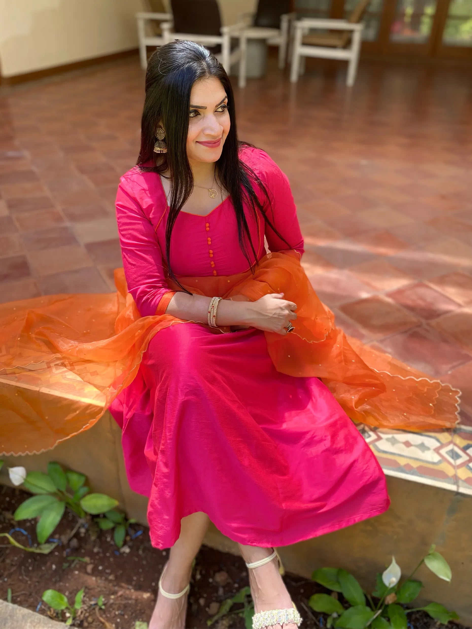 Pink n orange silk kurti with dupatta