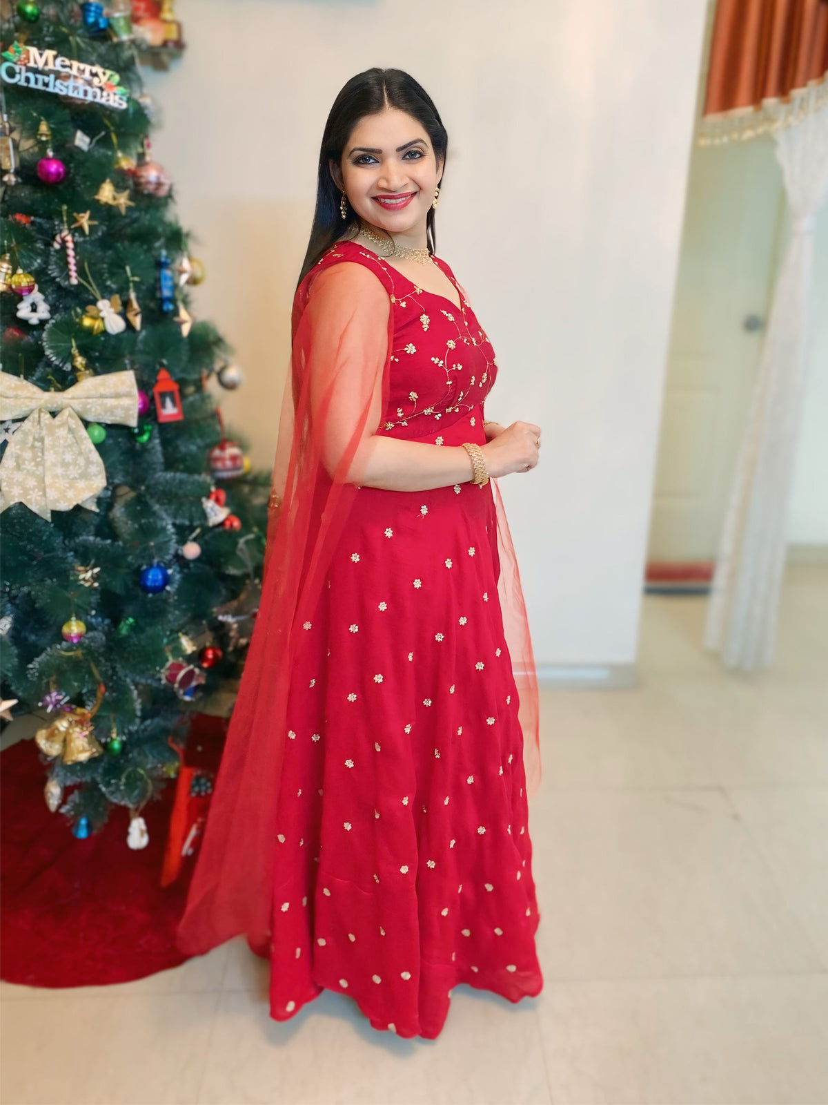 Chilly red cape sleeve gown in Dola silk