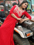 Chilly red fully pleated Alia cut gown with applique work