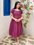 Grape vine soft silk box pleated frock with floral handwork n cute lil sleeves