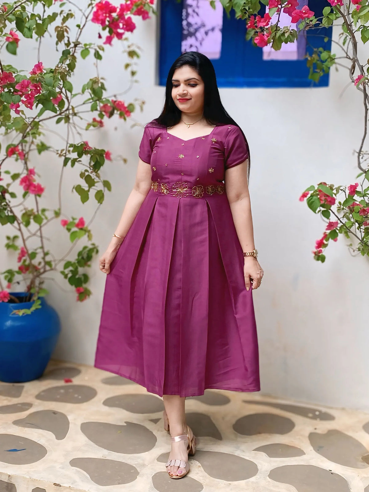 Grape vine soft silk box pleated frock with floral handwork n cute lil sleeves