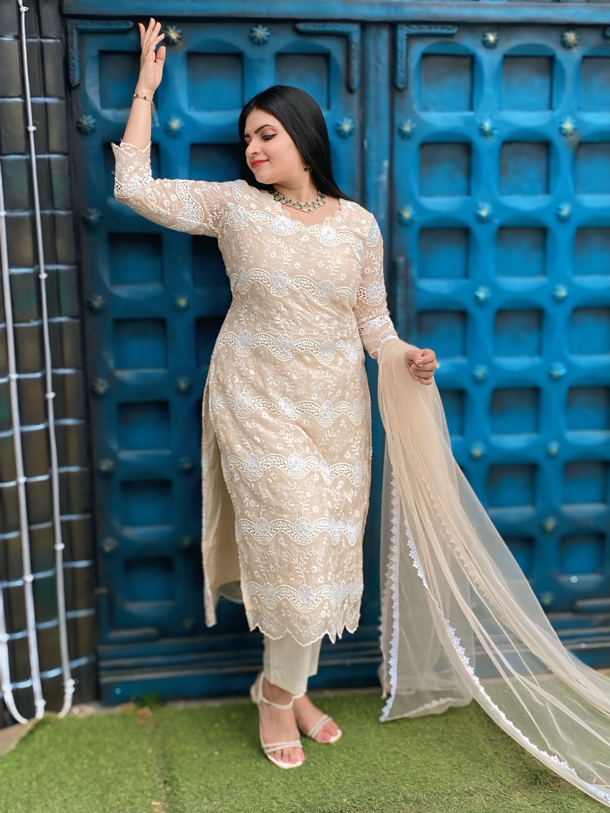 Beige Georgette Scallop Cutwork & Hakoba Suit Combo