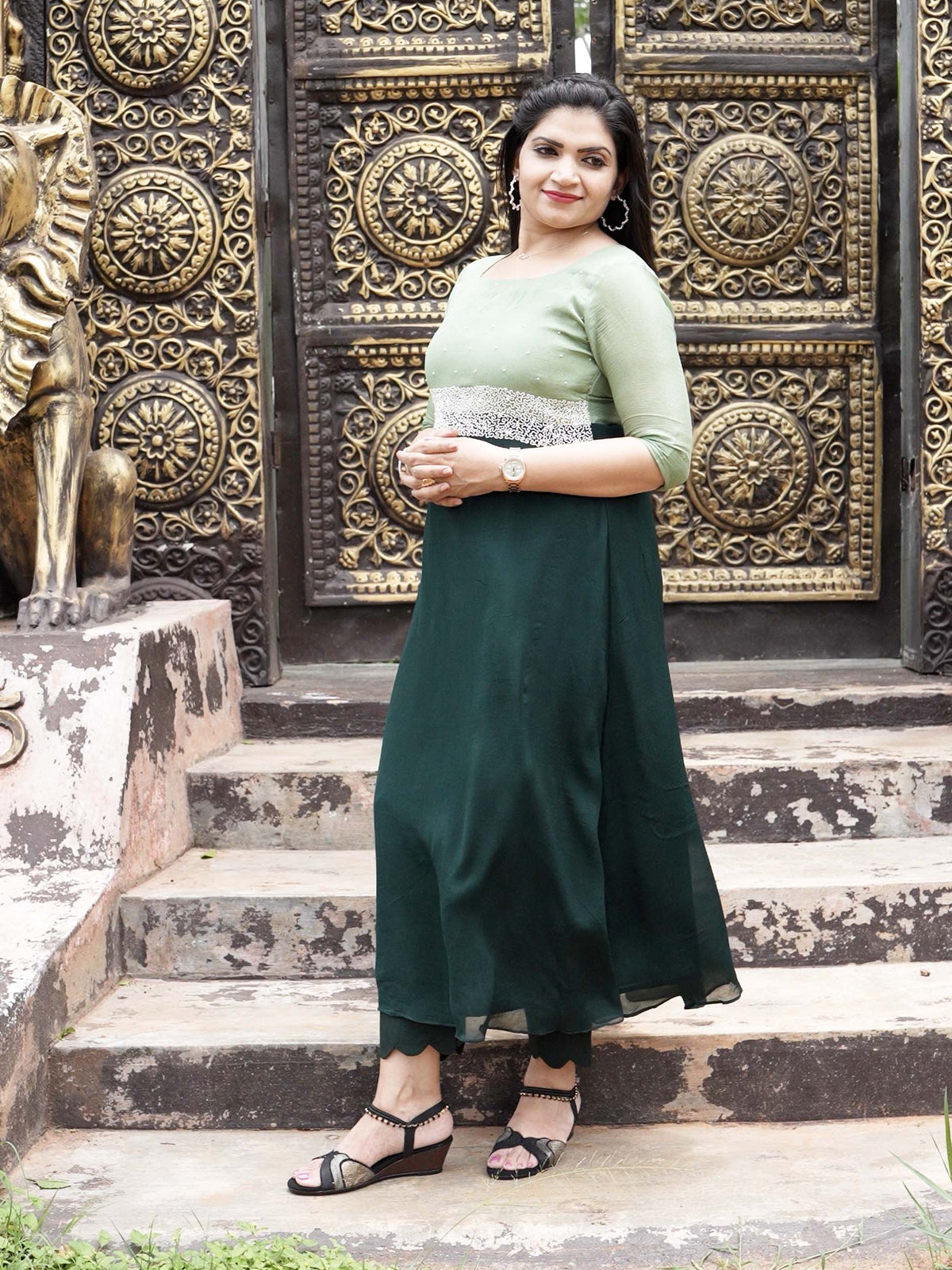 A lines kurthi in shades of green with handwork