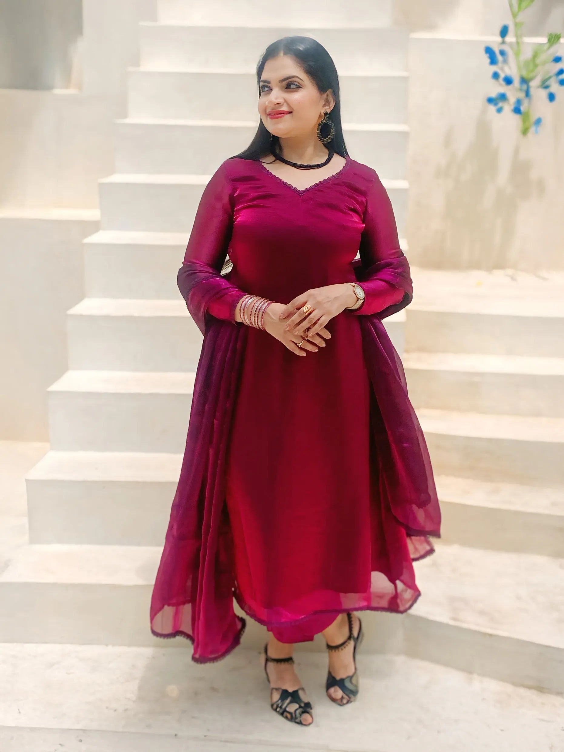 Velvet organza grape wine suit combo