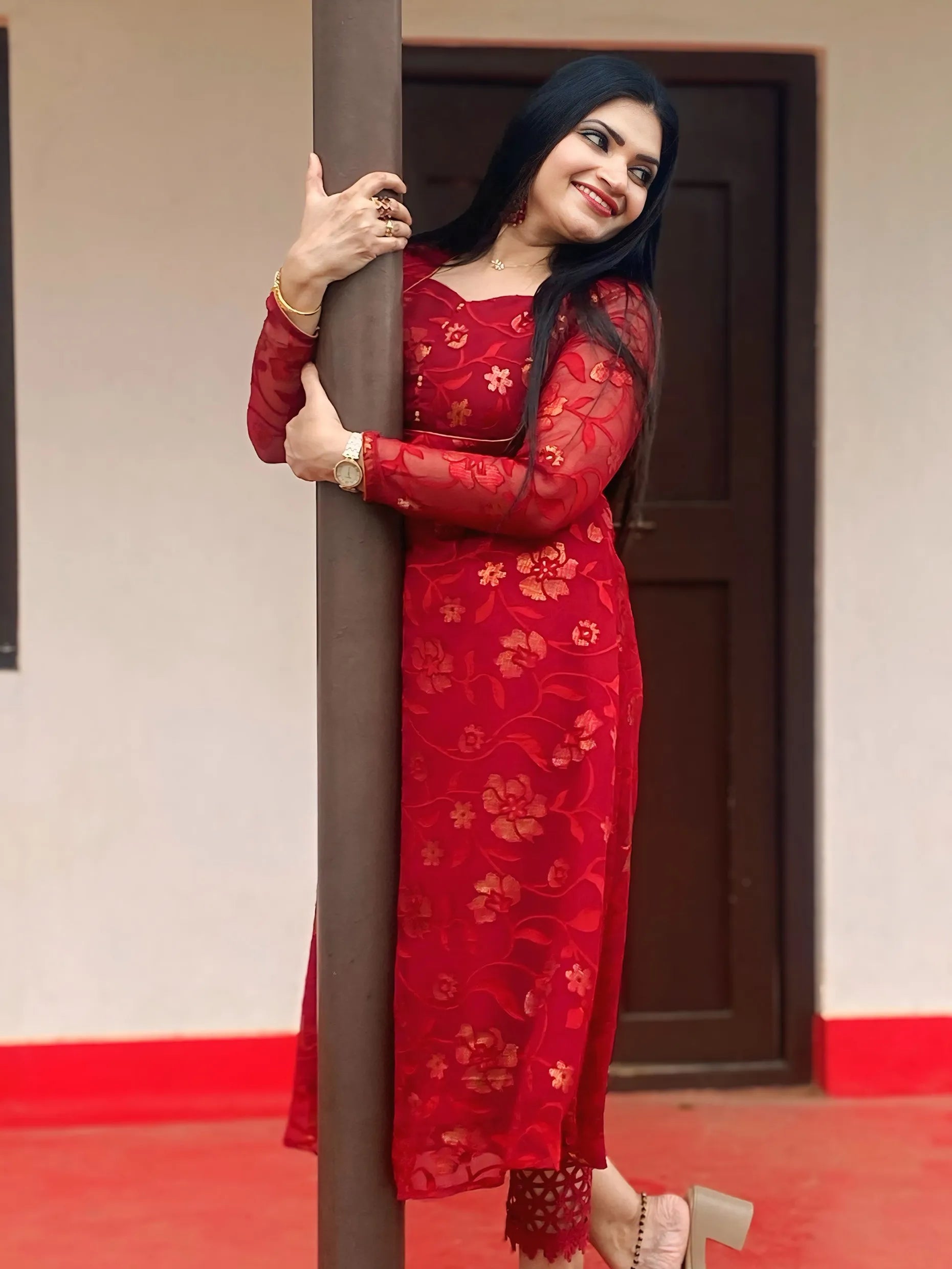 Brasso print bright red A line kurthi