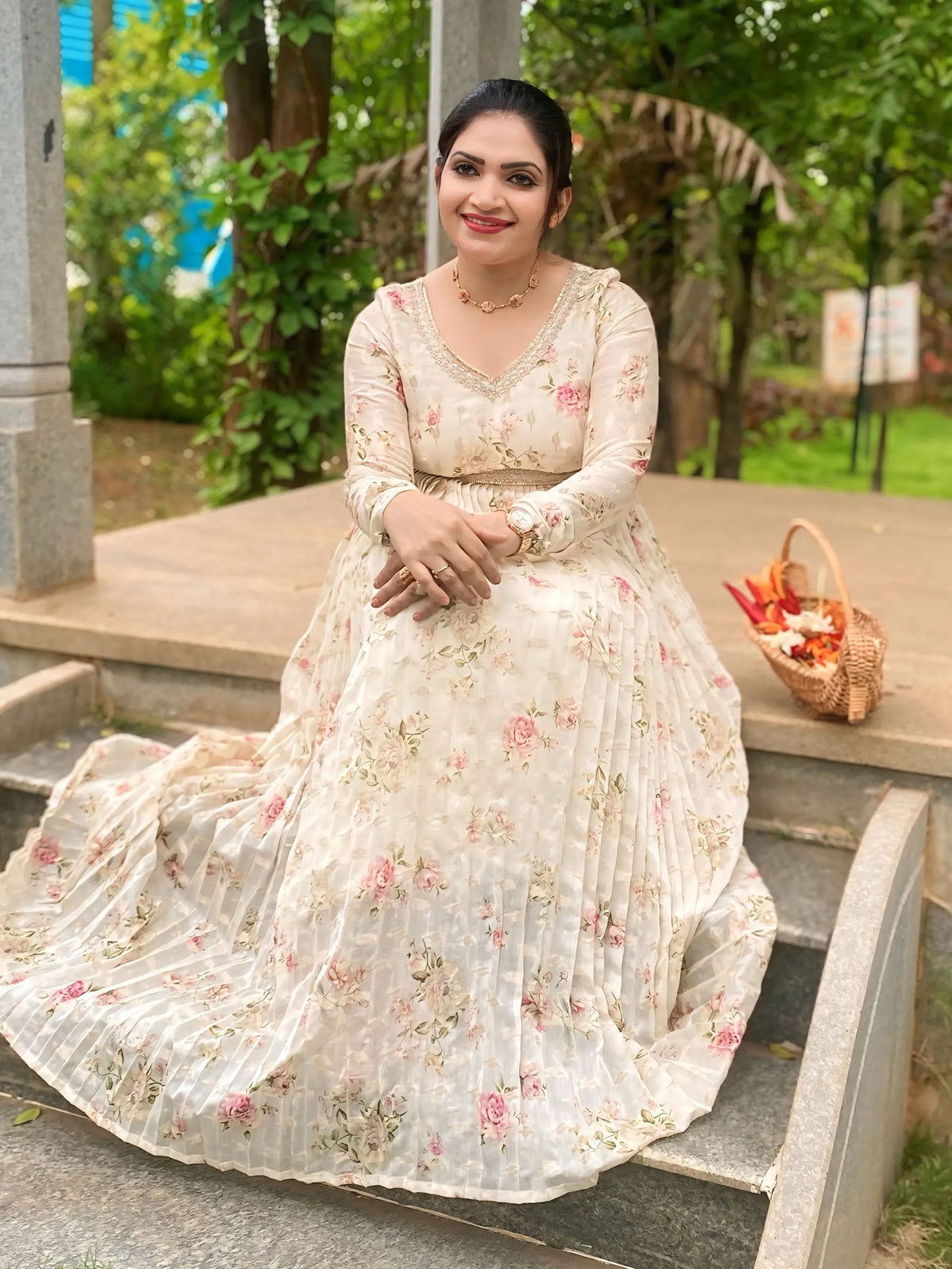 Mul chanderi floral pleated dress in off white