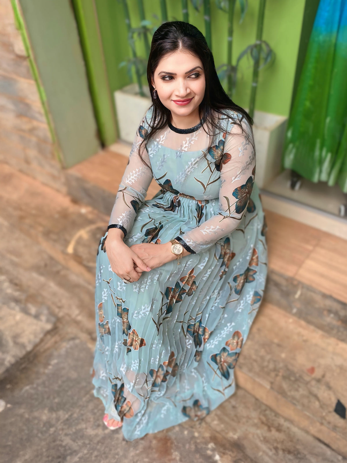 Smoky blue brasso print dress