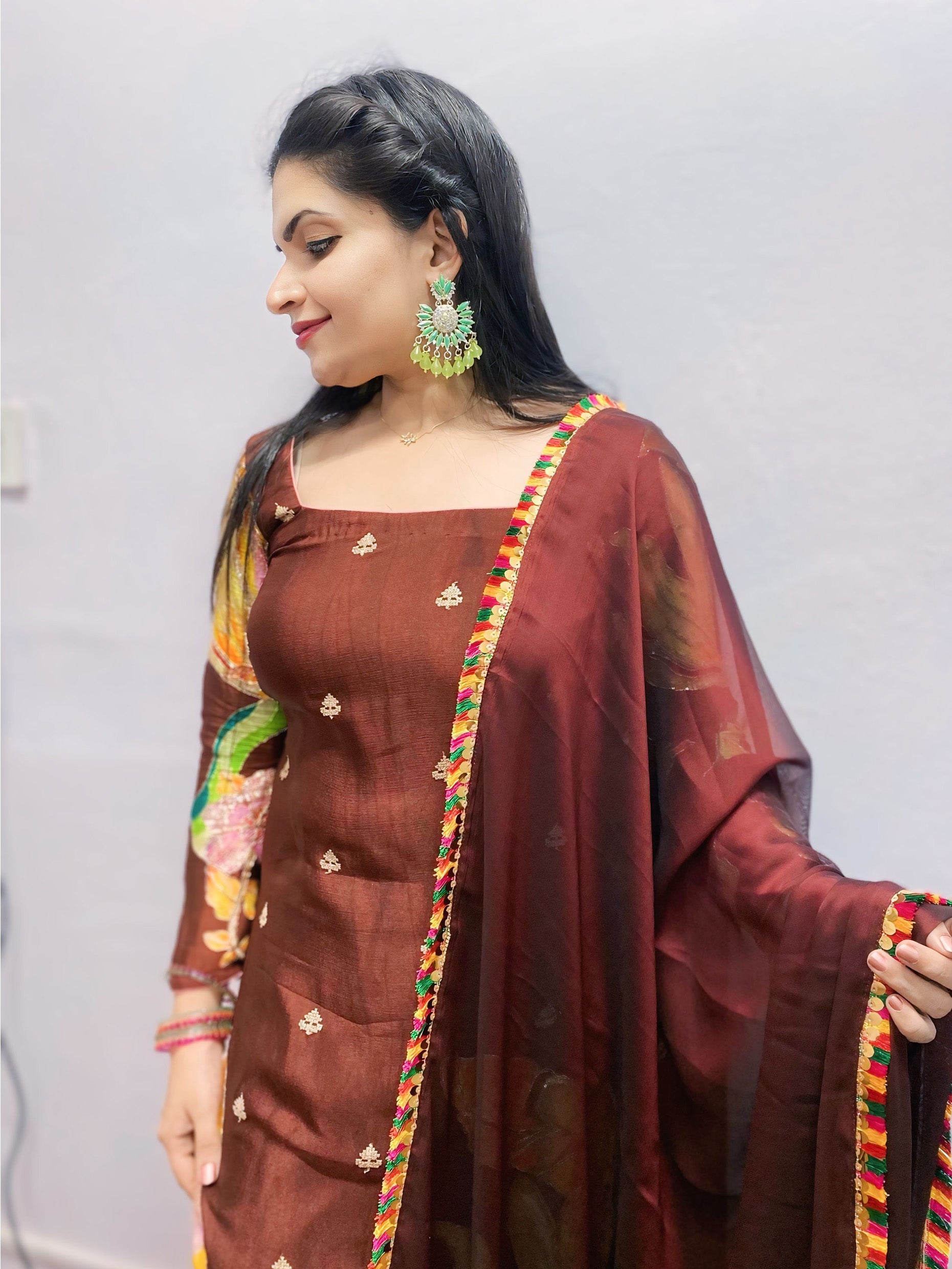 Coffee color appliqué work suit combo
