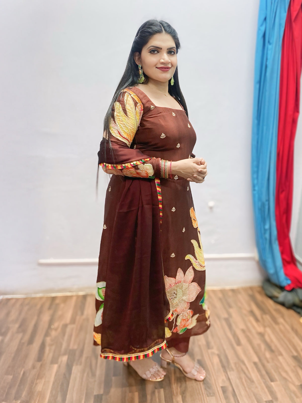 Coffee color appliqué work suit combo