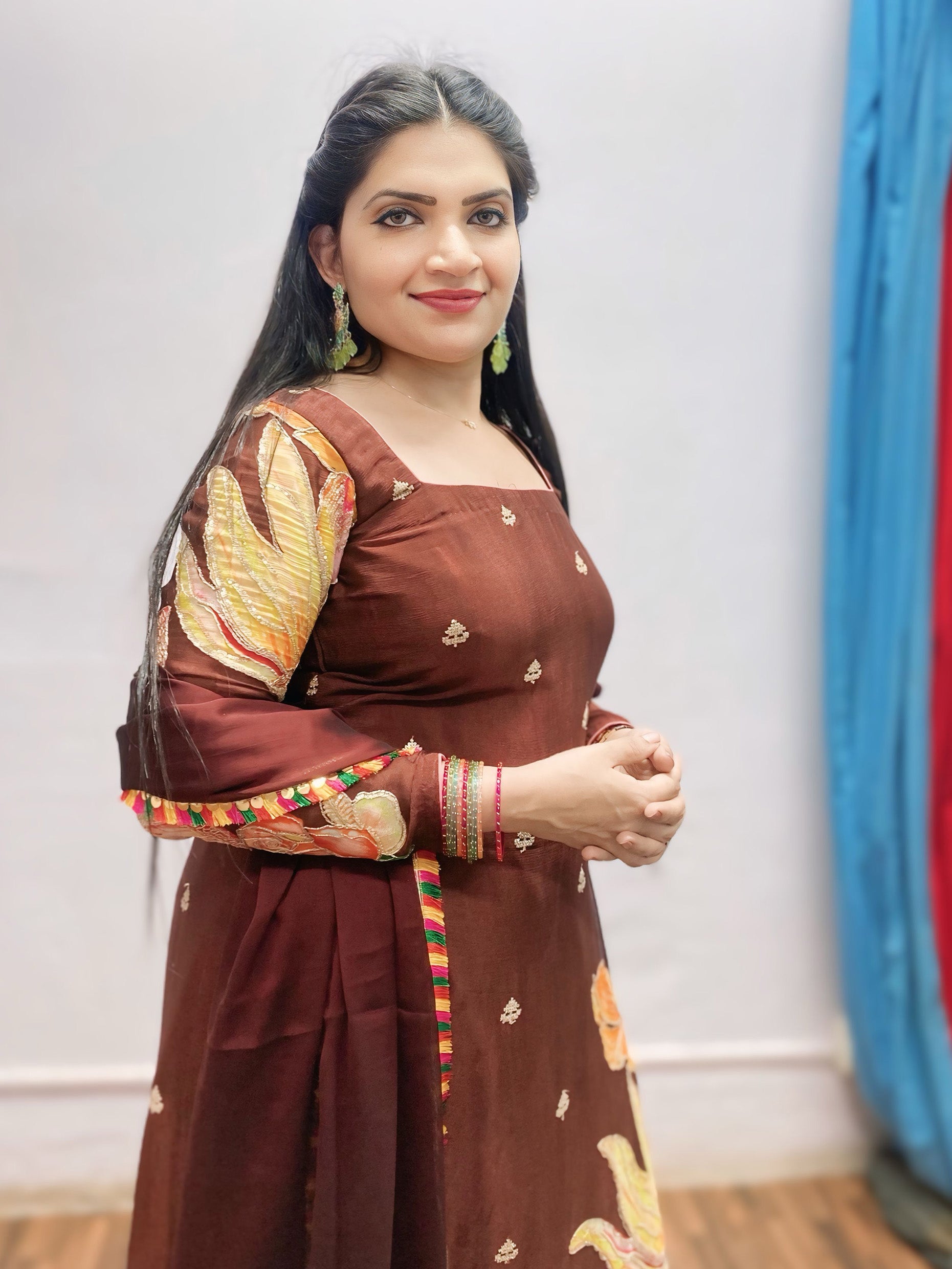 Coffee color appliqué work suit combo
