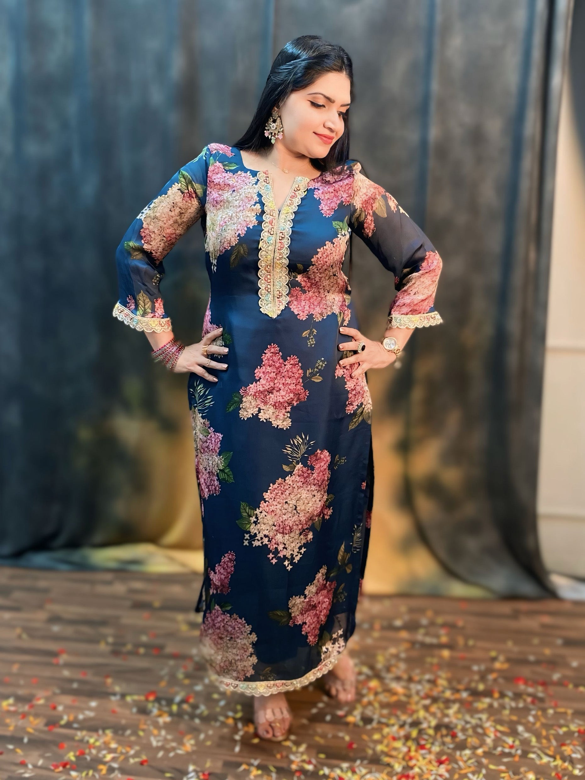 Kareena Kapoor inspired teal blue floral kurthi with pants