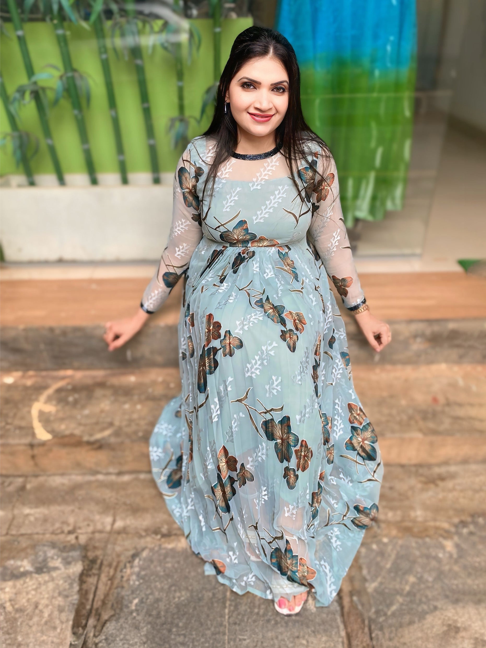 Smoky blue brasso print dress
