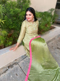 Pastel green suit combo with contrast pink borders