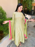 Pastel green suit combo with contrast pink borders