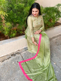 Pastel green suit combo with contrast pink borders