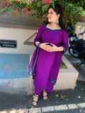 Rich Purple suit combo in soft silk with emerald green contrast lace borders