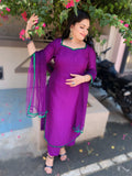 Rich Purple suit combo in soft silk with emerald green contrast lace borders