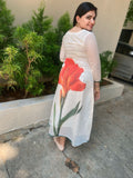 Off white chanderi cotton dress with big Orange Lily print