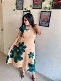 Beige frock with Big green floral print