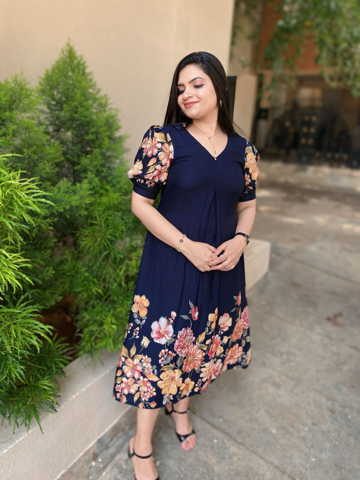 Navy Blossom Puff Sleeve Dress