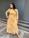 Pure Georgette Printed floral Yellow dress with Lower pleats
