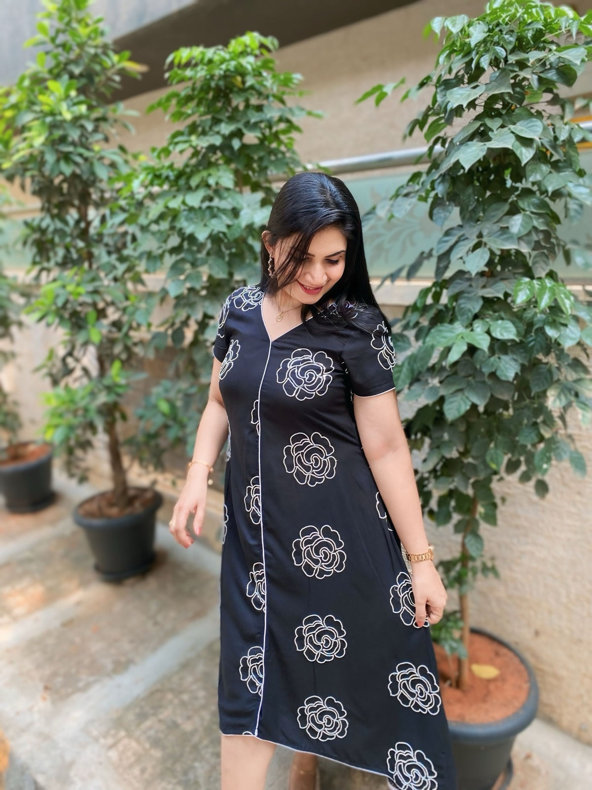 Midnight Bloom Black Rayon Hi-Low Dress